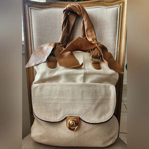 Z Spoke by Zac Posen Cream Canvas Large Purse with Leather Trim